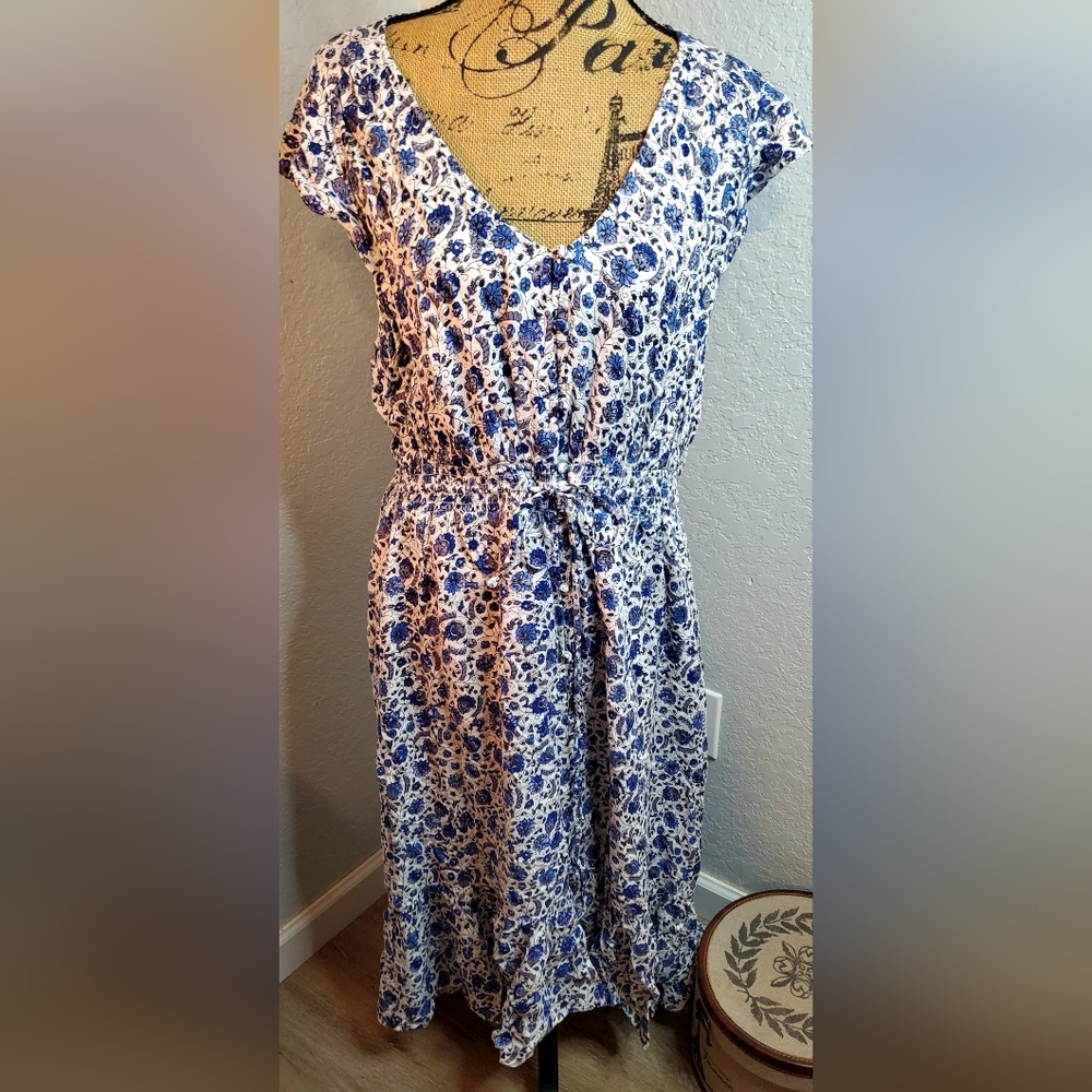 Lucky Brand Blue and White Floral Prairie Midi Dress